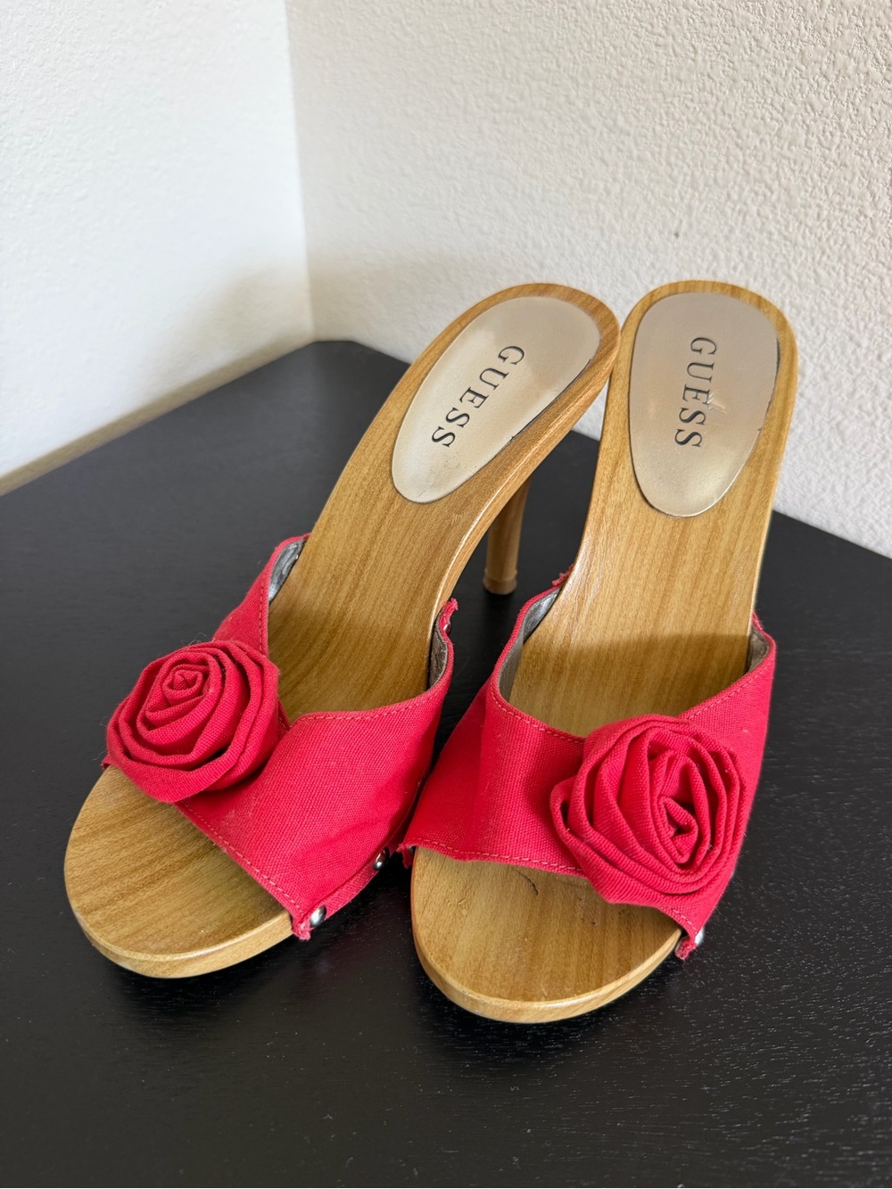 GUESS Red Rose Slide Mules with Wood-Heel Vintage Y2K